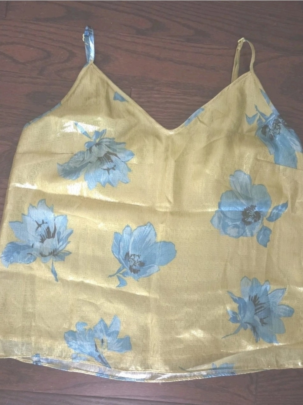 Bar III Yellow Floral V-Neck Strappy Top/Blouse with Gold Sheen & Blue Flowers.